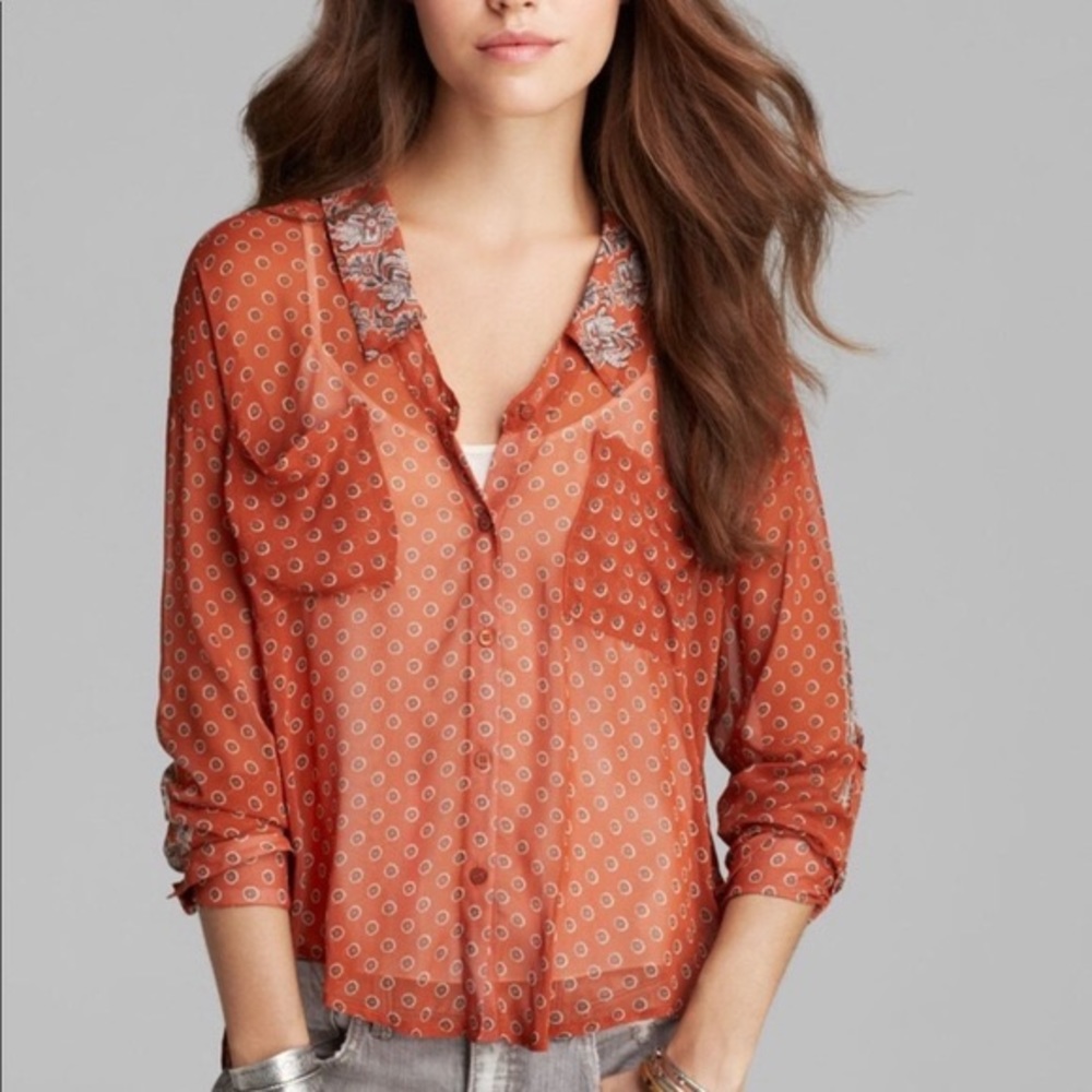 Free People sheer paisley button down rust top